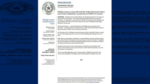 La Joya ISD y la ciudad de Mercedes albergarán clínicas de vacunas para la segunda dosis de la vacuna Covid-19