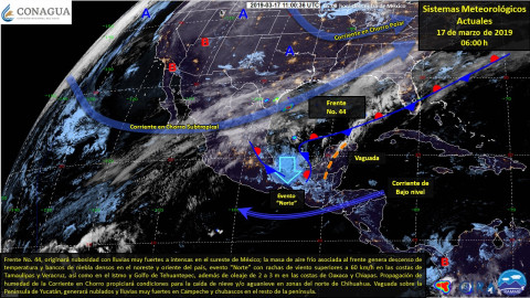 Frente no. 44, originará lluvias muy fuertes a intensas en el sureste de México
