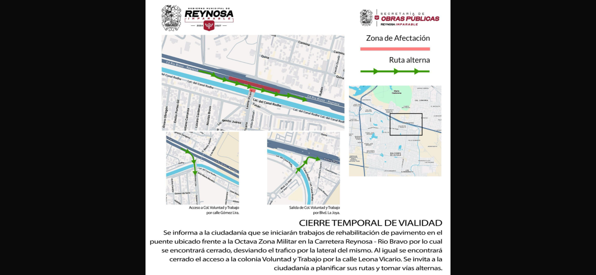 Cierre de puente elevado en carretera Reynosa-Río Bravo frente al Cuartel Militar