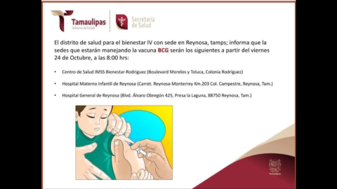 Regresa la vacuna BCG a Reynosa, pero con dosis limitadas