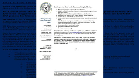 Condado Hidalgo organiza clínica de vacunación contra el Covid-19 