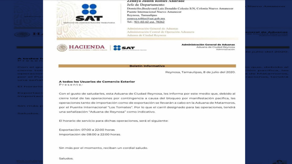 Por bloqueos, se supenden operaciones de importación y exportación en Reynosa; Se realizarán en Matamoros
