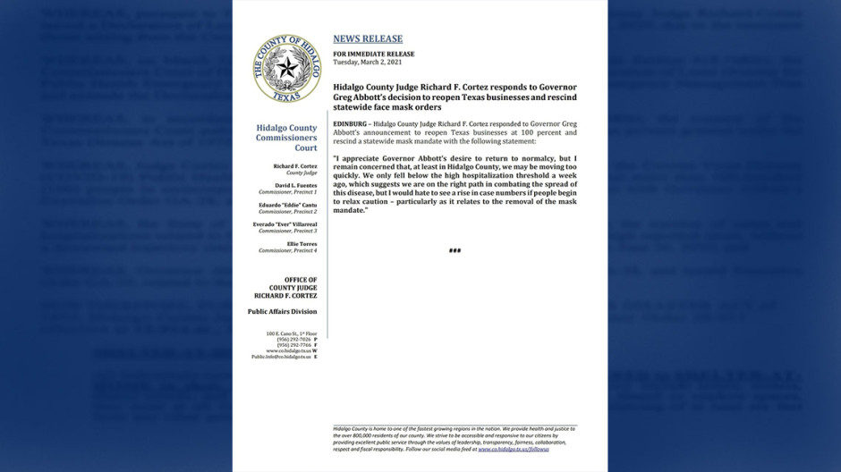 Condado Hidalgo se muestra en contra de apertura total de Texas
